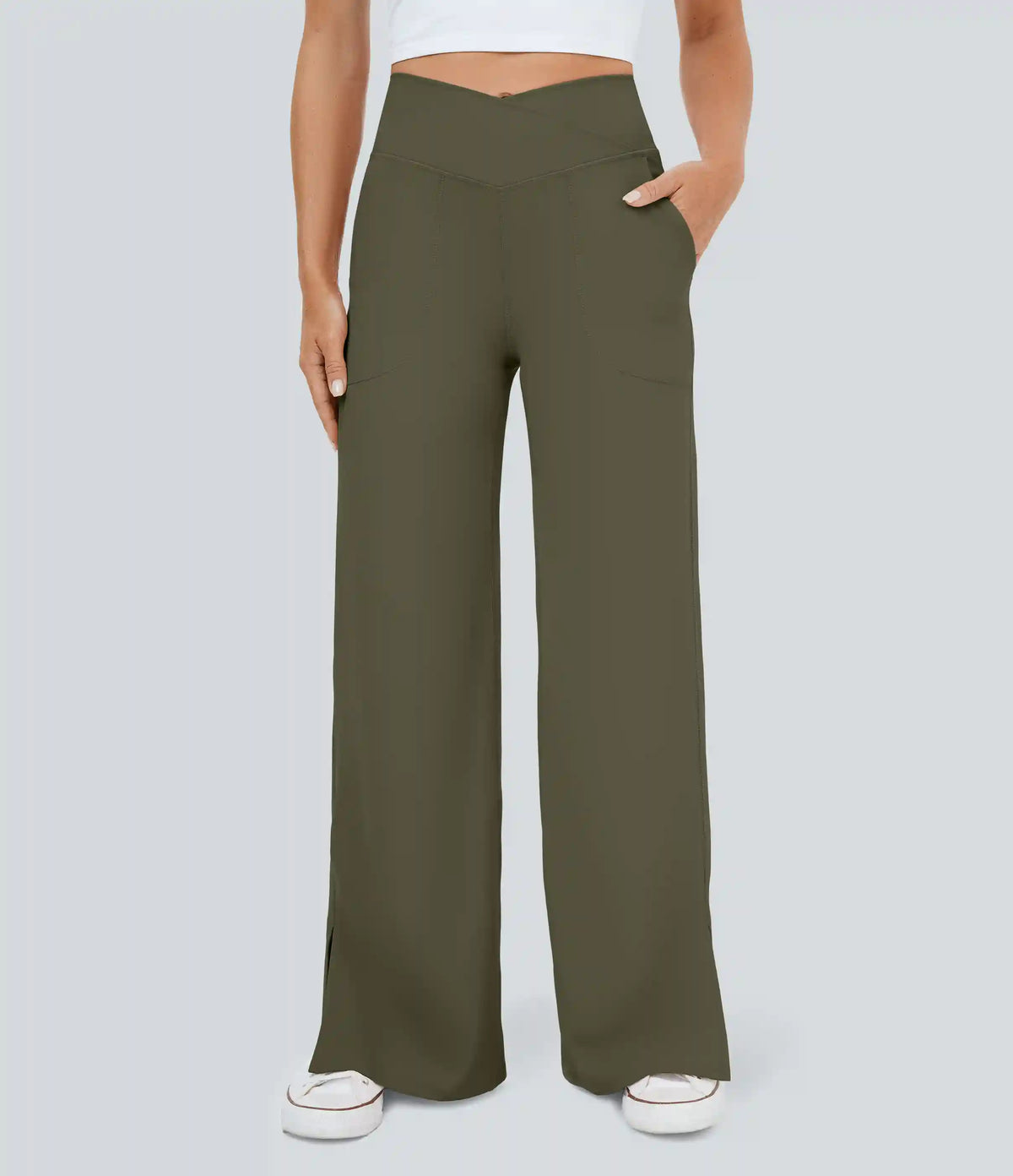 DayStretch Crossover Pocket Hem Wide Leg Yoga Pants-Smile
