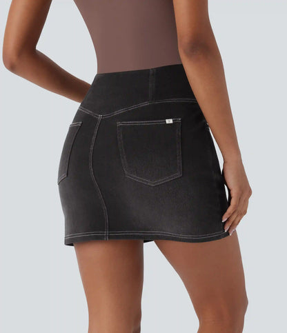 Halara Flex™ Crossover High Waisted Pockets Bodycon Mini Washed Denim Casual Skirt