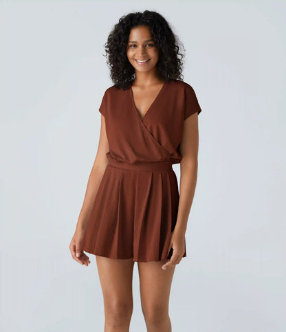 V Neck Short Sleeve Pocket Waffle Casual Romper