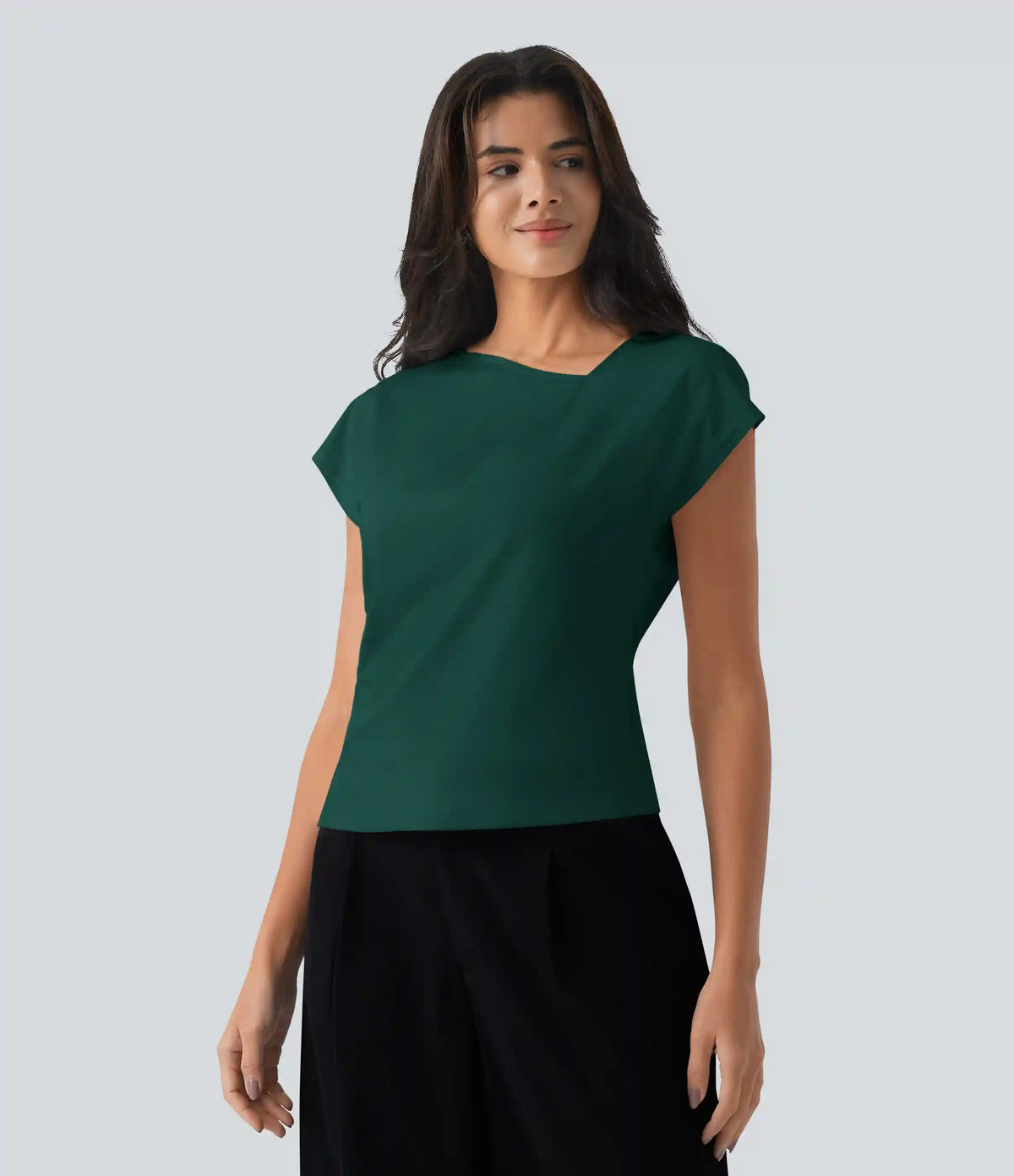 Asymmetric Cowl Neck Short Sleeve Ruched Split Hem Work Blouse