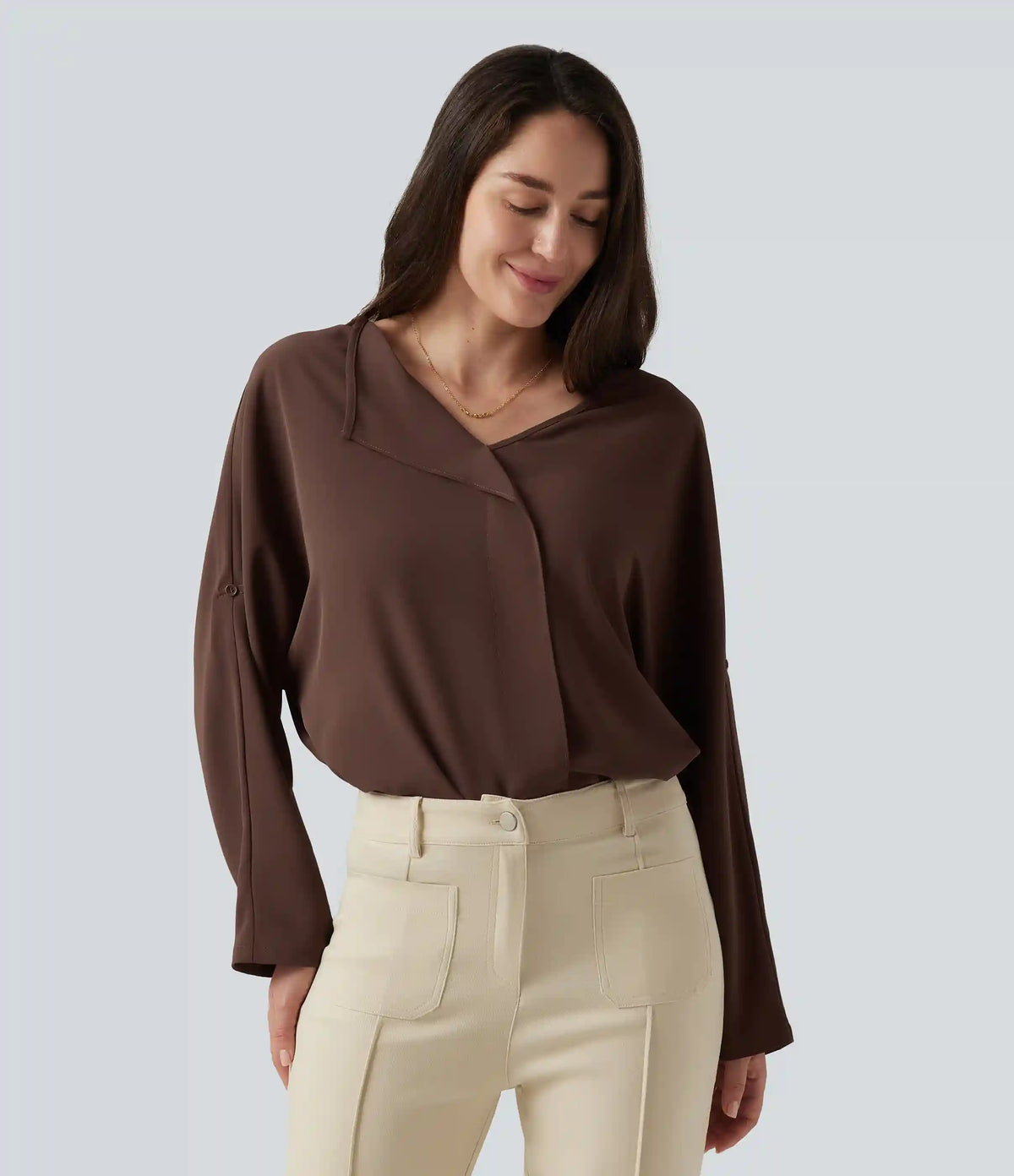 V Neck Long Sleeve Asymmetric Relaxed Work Blouse