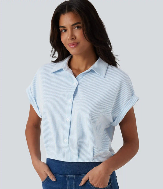 Collar Batwing Sleeve Stripes Crinkle Cotton Casual Shirt