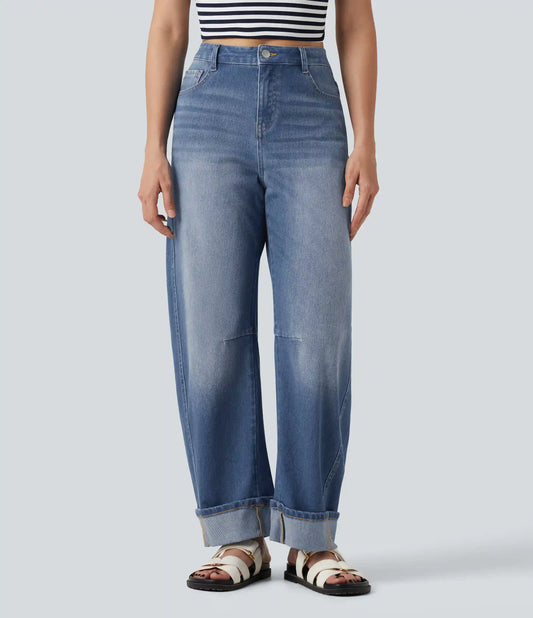 Halara Flex™ Mid Rise Rolled Hem Casual Barrel Leg Jeans with Pockets