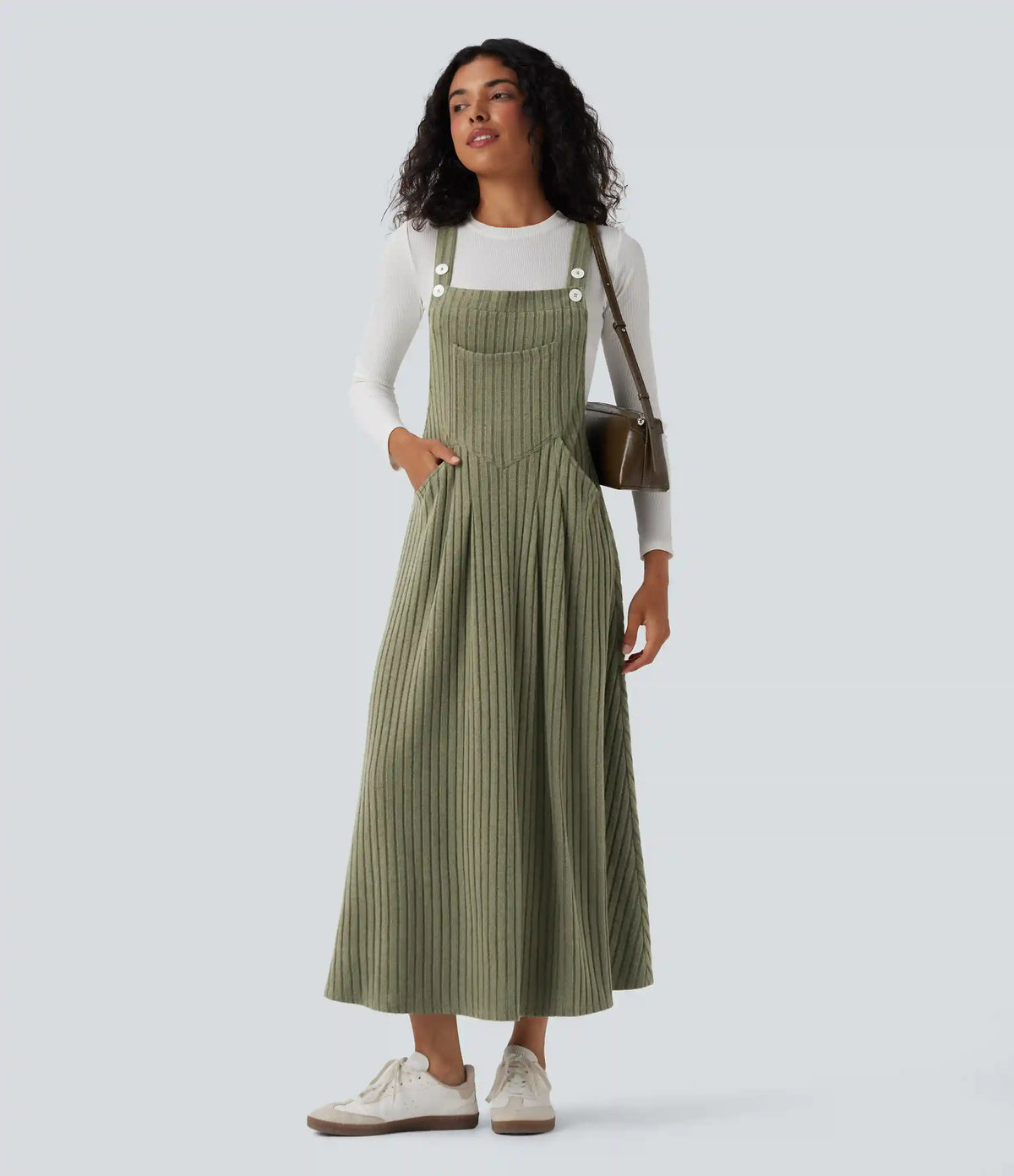 Ribbed Knit Casual Pinafore Dress with Pockets