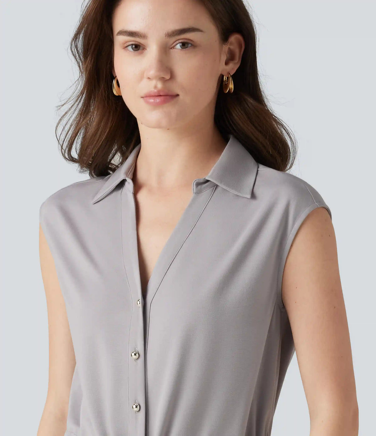 V-neck Sleeveless Button Fly Drawstring Work Shirt