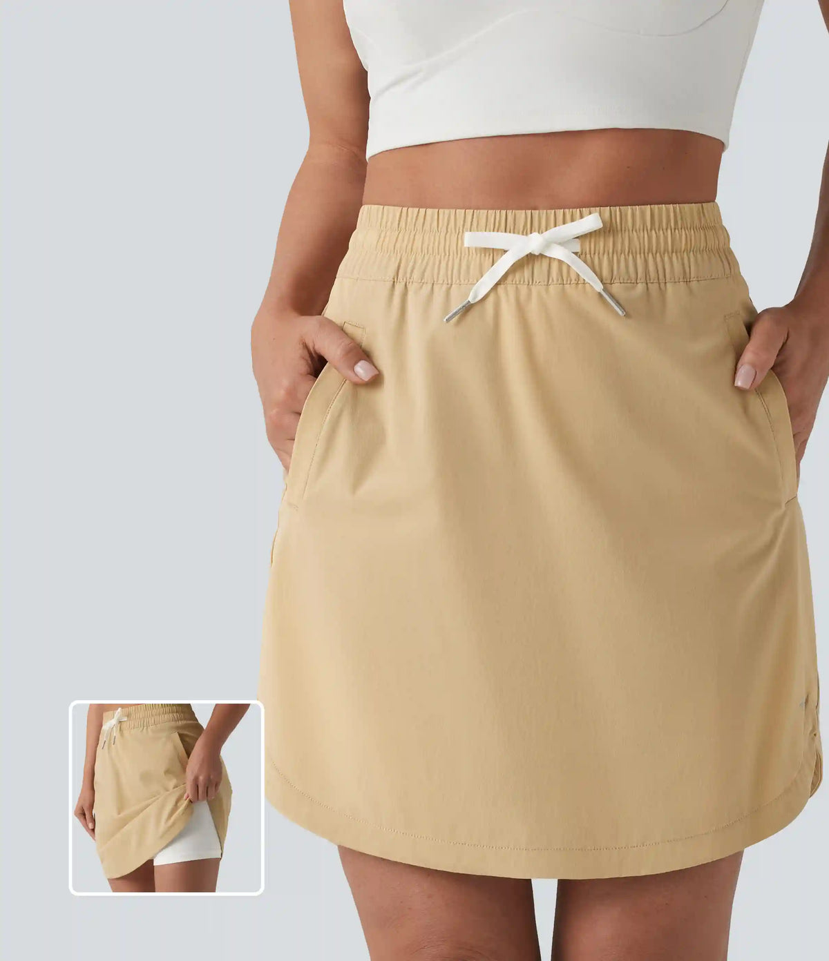 High Waisted Drawstring 2-in-1 Curved Hem Mini Golf Skirt with Pockets-Longer Length