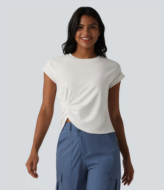 Round Neck Short Sleeve Curved Split Hem Casual T-Shirt
