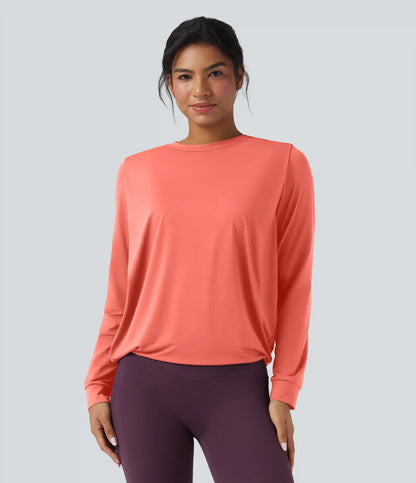 Round Neck Long Sleeve Ruched Yoga Sports Top-UPF50+