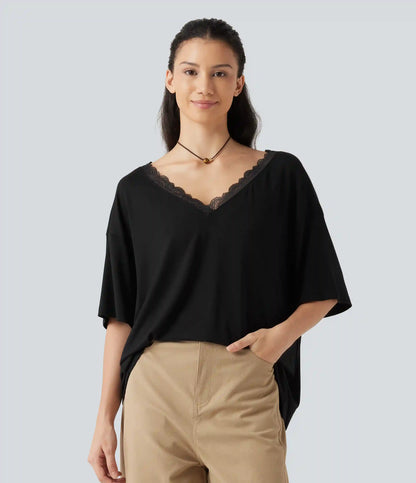 V Neck Contrast Mesh Short Sleeve Casual T-Shirt