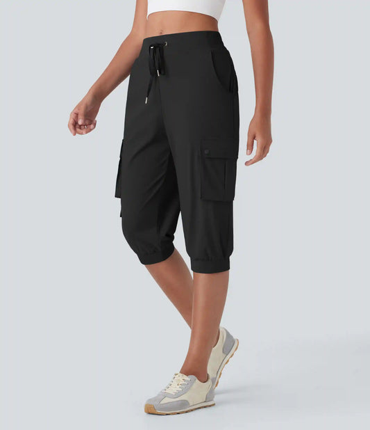 High Waisted Drawstring Quick Dry Dance Pedal Pusher Cargo Joggers with Pockets