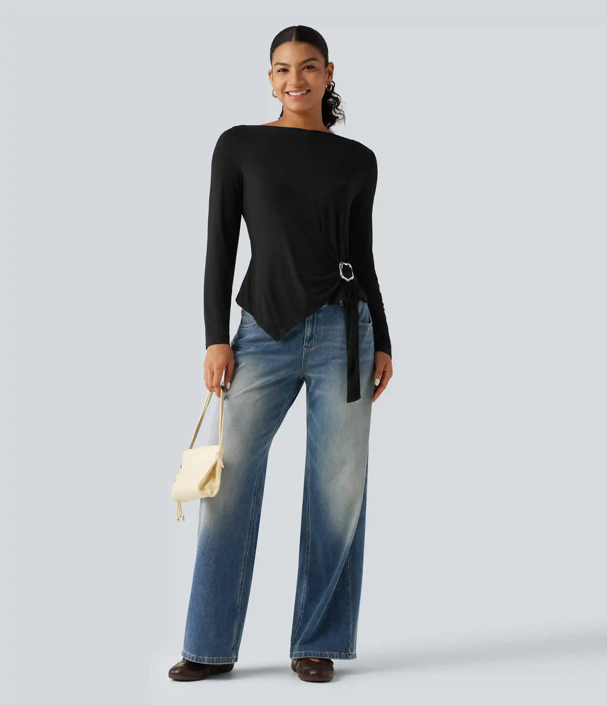 Boat Neck Long Sleeve Tie Side Uneven Hem Casual T-Shirt