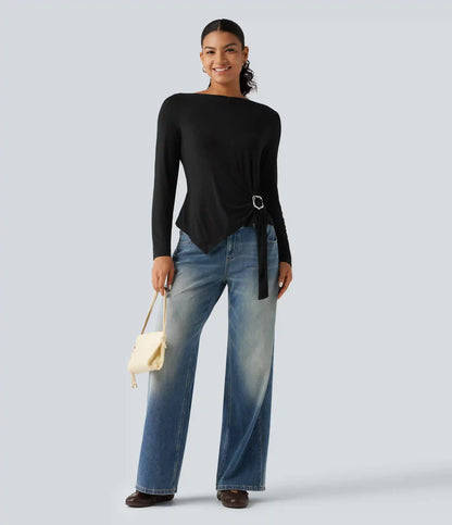 Boat Neck Long Sleeve Tie Side Uneven Hem Casual T-Shirt