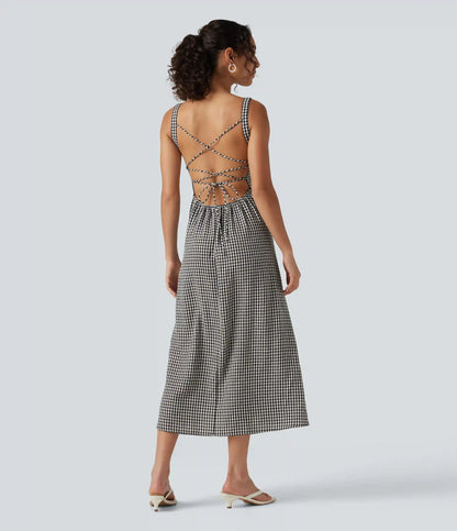 Square Neck Crisscross Backless Built-in Bra Corset Plaid Flowy Midi Linen-Feel Resort Milkmaid Dress