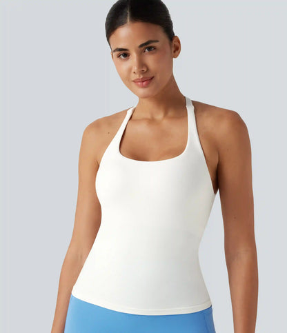 Crisscross Backless Built-in Bra Running Tank Top-Longer Length A-D Cups
