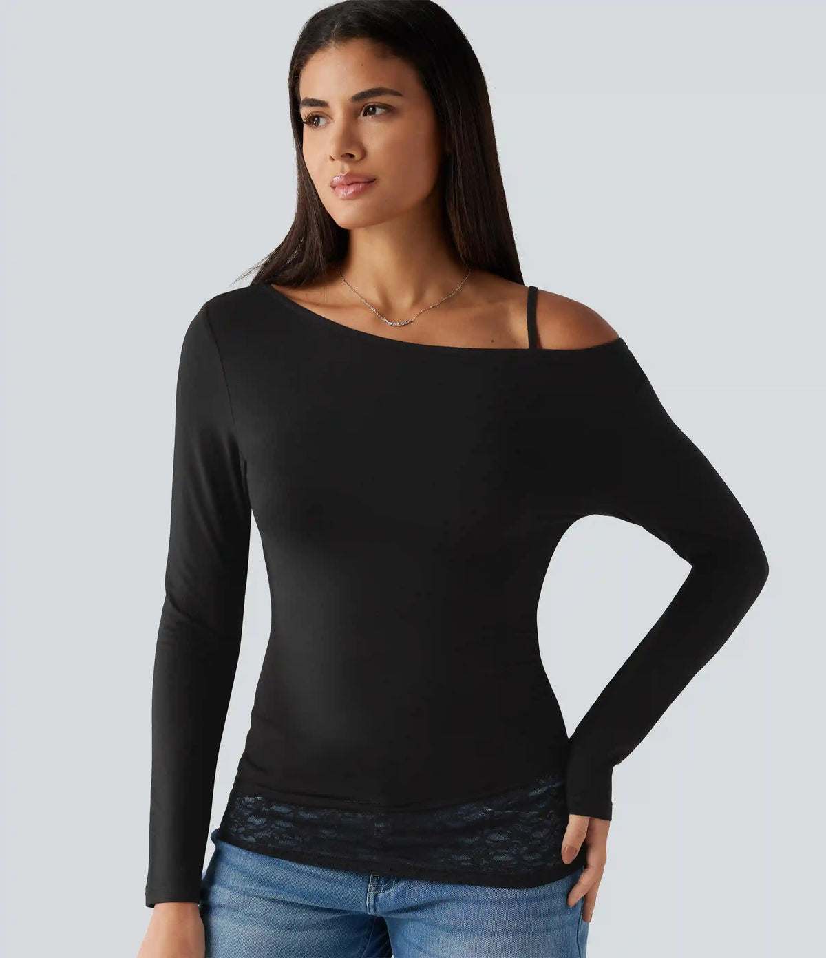 One Shoulder Long Sleeve Contrast Lace Casual T-Shirt