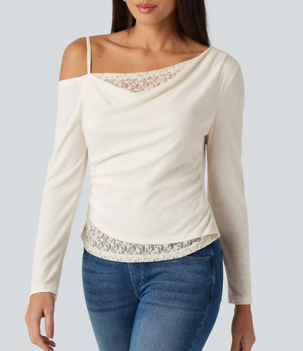 One Shoulder Long Sleeve 2-in-1 Contrast Lace Casual Top