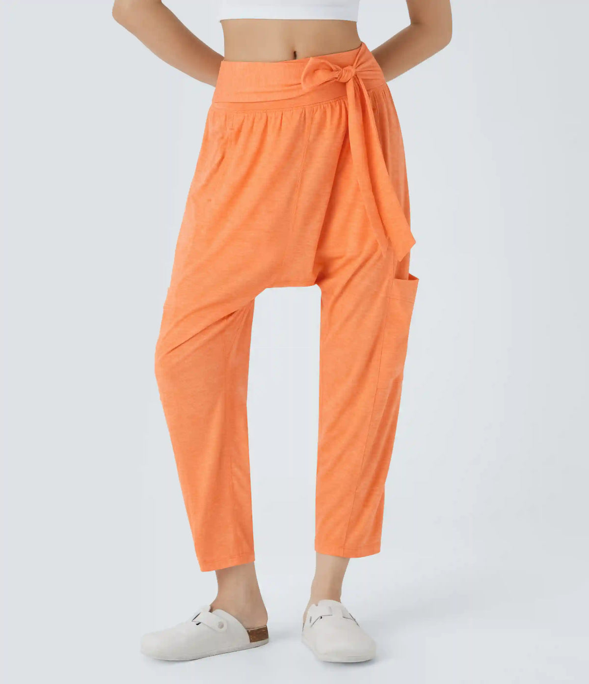 Mid Rise Tie Pockets Casual Harem Pants