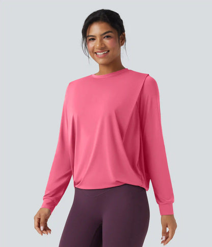 Round Neck Long Sleeve Ruched Yoga Sports Top-UPF50+