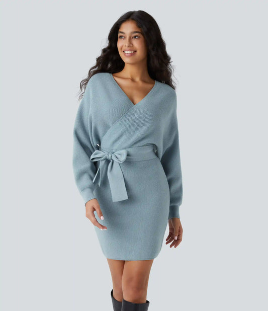 Crossover V Neck Batwing Long Sleeve Belted Mini Casual Sweater Dress