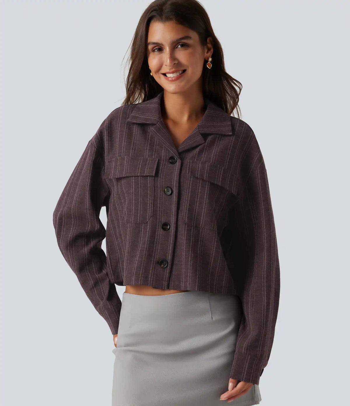 Collared Long Sleeve Stripe Casual Linen-Feel Jacket with Pockets