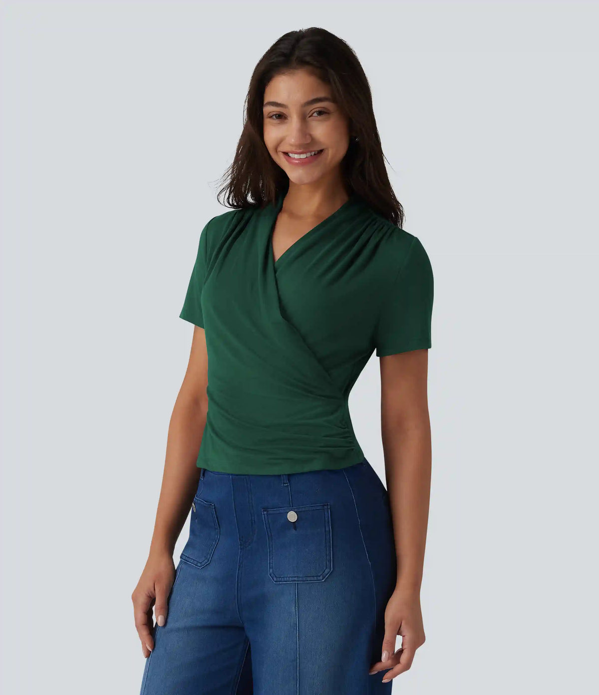 V Neck Short Sleeve Work Blouse