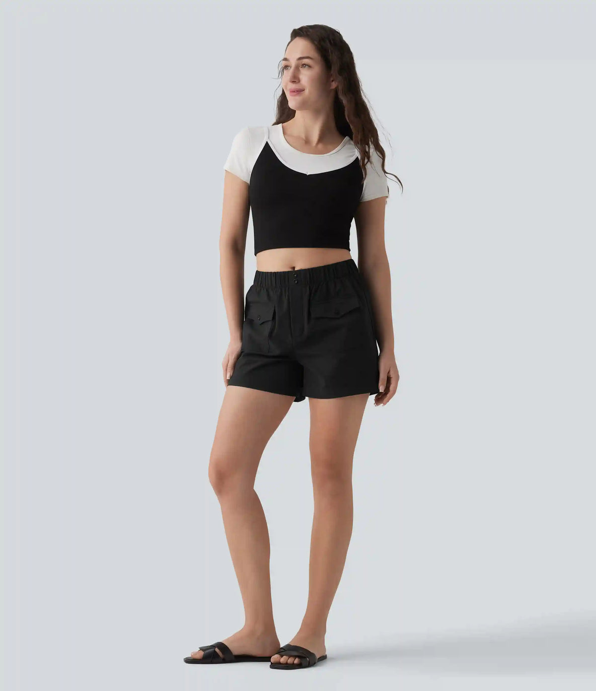 Mid Rise Quick Dry Crinkle Casual Baggy Shorts with Flap Pockets