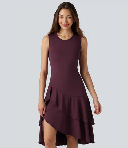 SoftlyZero™ Airy Round Neck Sleeveless Layered Ruffle Hem InstantCool Midi Casual Dress