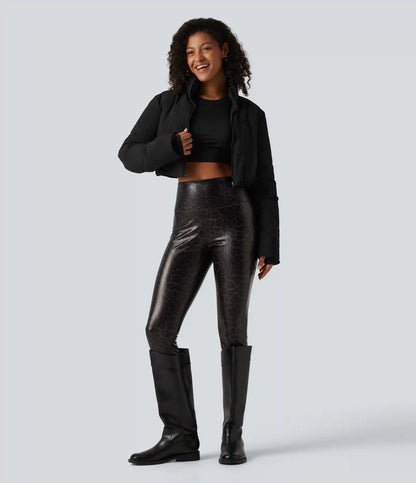 High Waisted Tummy Control Stretchy PU Leopard Print Skinny Casual Leggings with Pockets