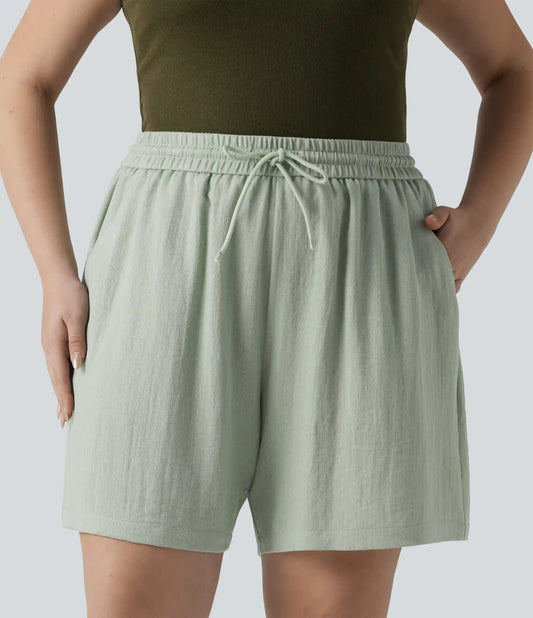High Waisted Drawstring Casual Linen-Feel Plus Size Shorts with Pockets