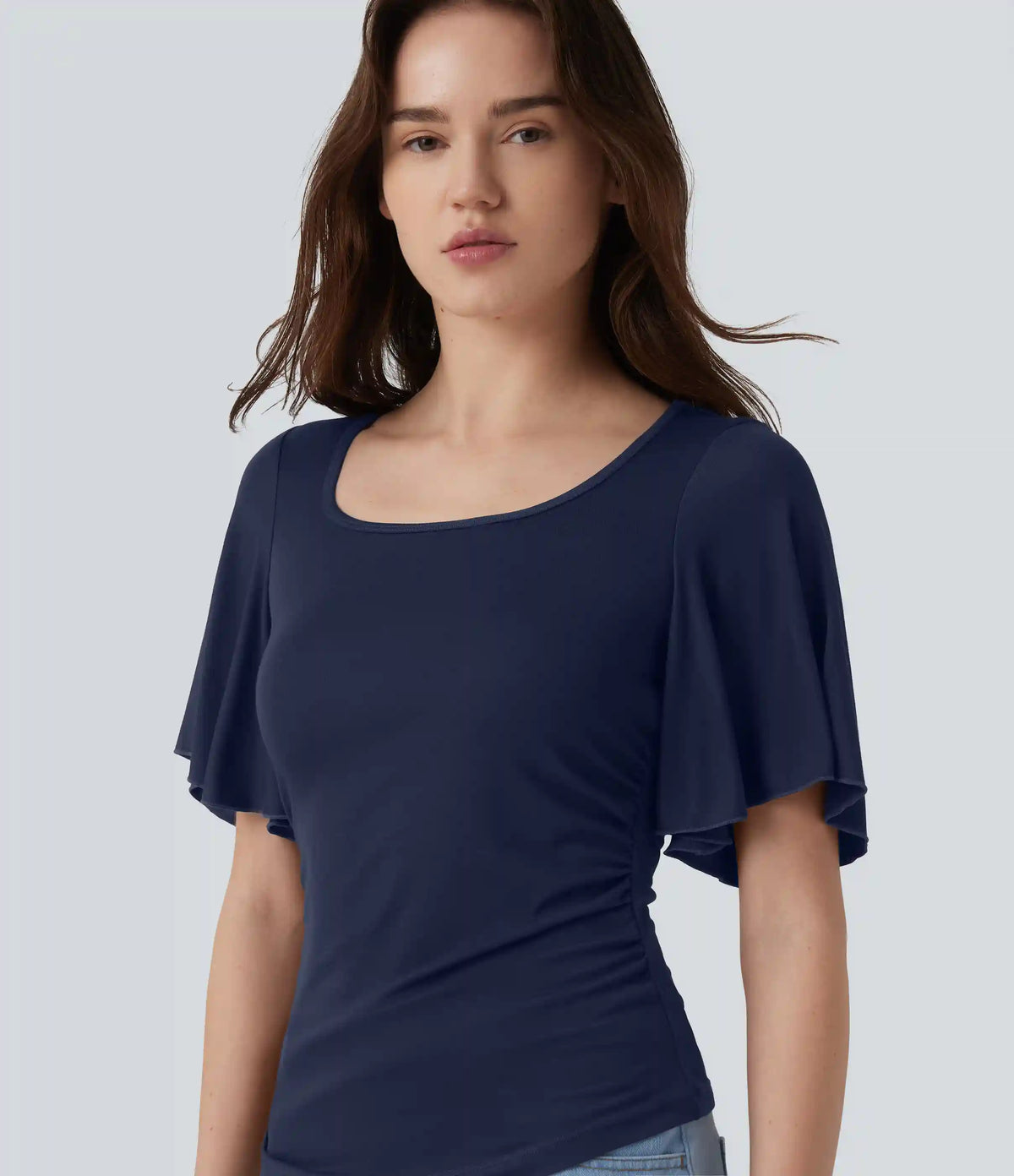 Ribbed Square Neck Butterfly Sleeve Ruched Casual T-Shirt