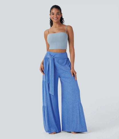 High Waisted Shirred Tie Front & Back Wide Leg Flowy Dance Pants