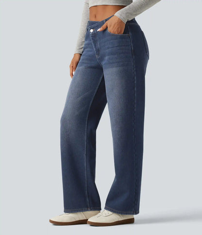 Mid Rise Asymmetric Straight Leg Fleece Casual Jeans with Pockets