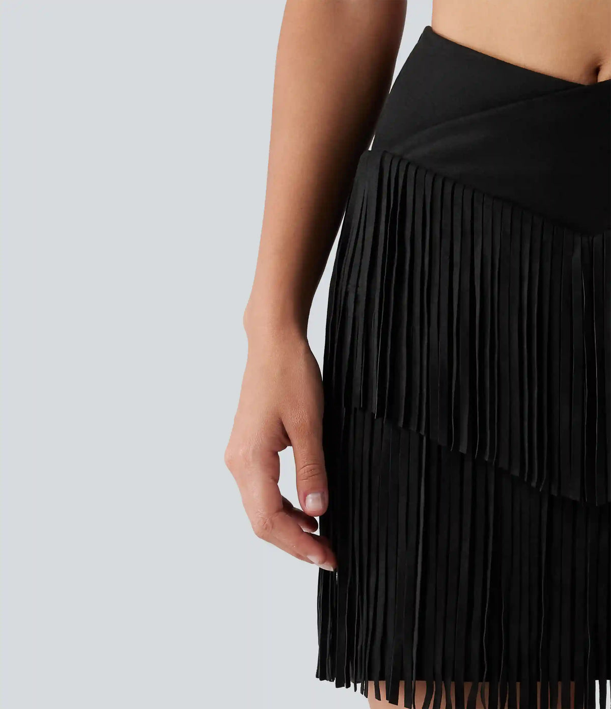Crossover High Waisted 2-in-1 Fringe Hem Bodycon Mini Suede Party Skirt-Longer Length
