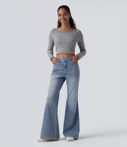 Halara Flex™ Mid Rise Washed Casual Flare Jeans with Pockets