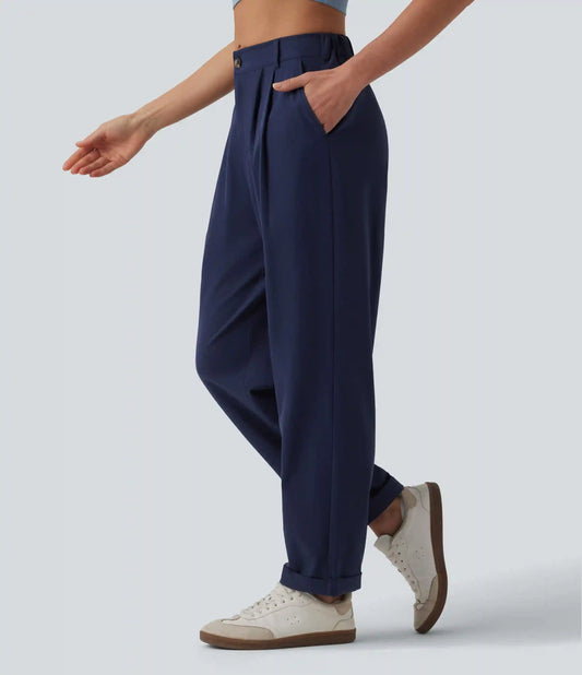 Mid Rise Pleated Rolled Hem 7/8 Stretchy Poplin Casual Tapered Pants with Pockets