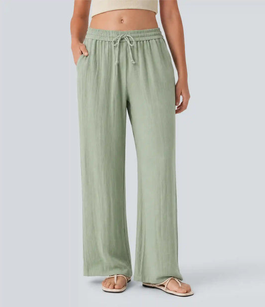 Low Rise Drawstring Wide Leg Baggy Casual Linen-Feel Pants with Pockets