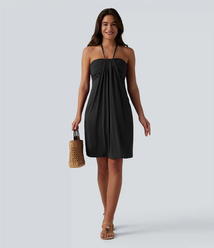 Halter Tie Back Built-in Bra Longer Mini Dress with Pockets