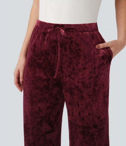 High Waisted Drawstring Velvet Casual Wide Leg Pants with Pockets