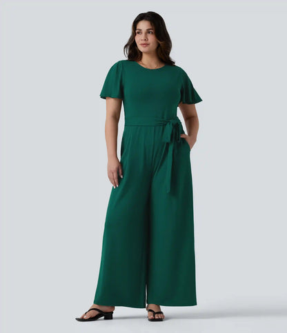 Plus Size Round Neck Short Sleeve Tie Front Wide Leg Party Jumpsuit with Pockets-Easy Peezy Edition