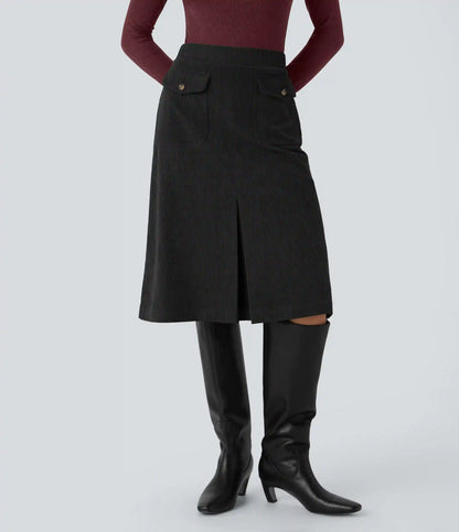 Mid Rise Front Side Flap Pocket Midi Corduroy Casual Skirt