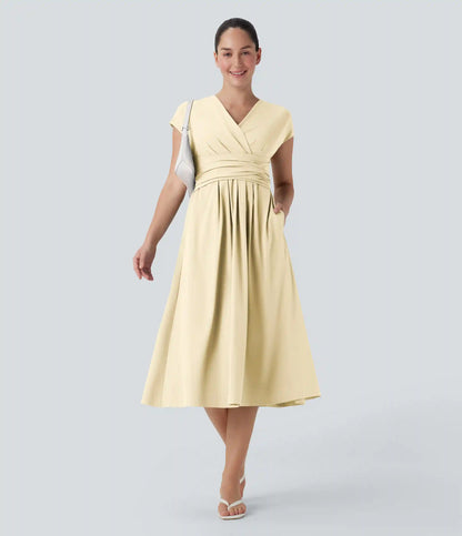 Breezeful™ V Neck Short Sleeve Pocket Tie Back Quick Dry Midi Casual Dress