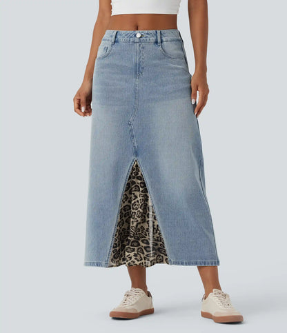 Halara Flex™ Mid Rise Contrast Leopard Mesh Midi Denim Casual A-line Skirt with Pockets
