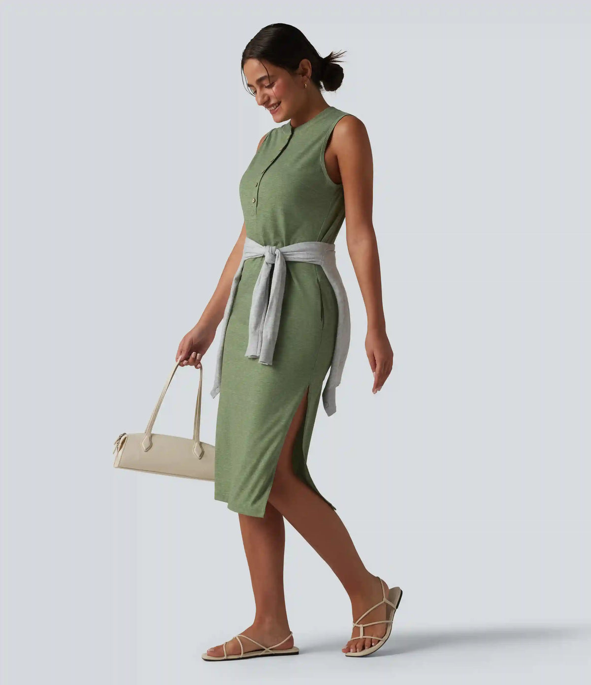 Henley Neck Sleeveless Midi Casual Dress with Pockets