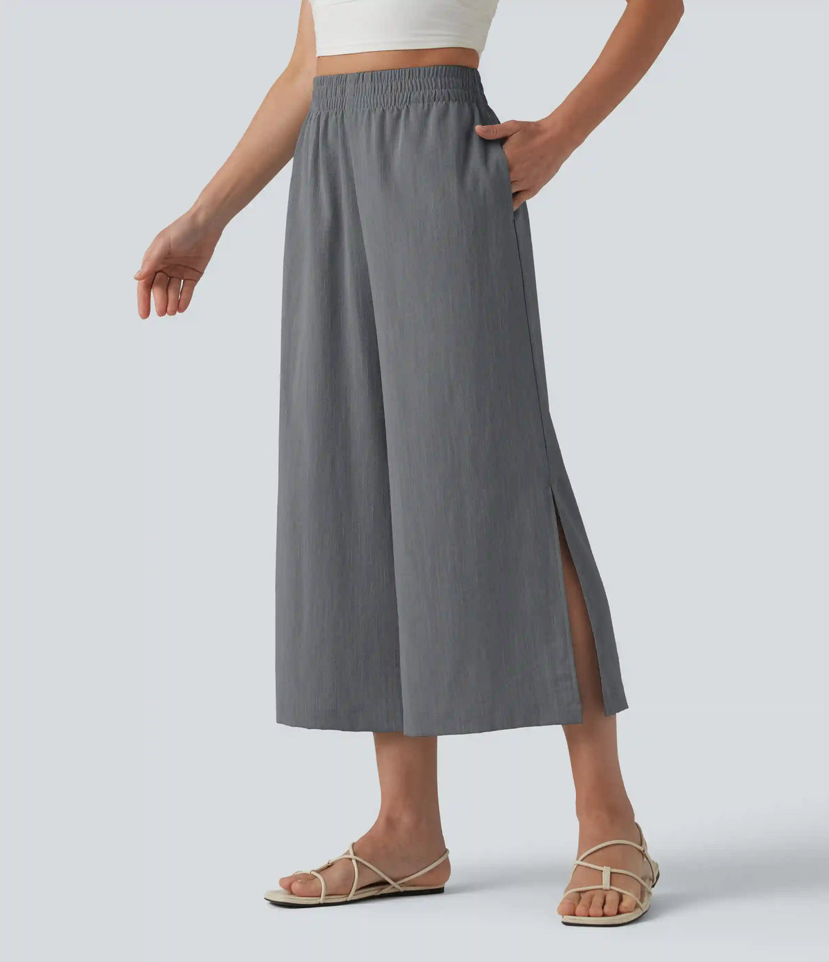 High Waisted Split Linen-Feel Casual Cropped Baggy Pants with Pockets