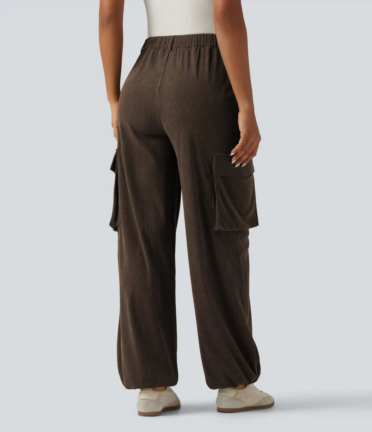 High Waisted Straight Leg Gathered Hem Corduroy Cargo Casual Pants with Pockets