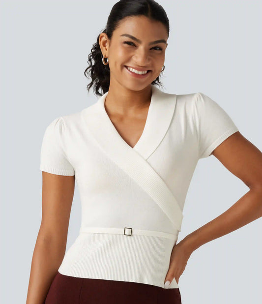 V Neck Short Sleeve Ruched Slim Casual Sweater