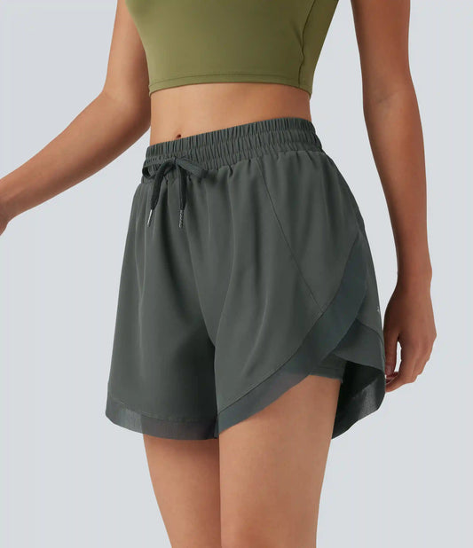 Mid Rise Drawstring Curved Hem Contrast Mesh 2-in-1 Running Shorts 5'' with Pockets
