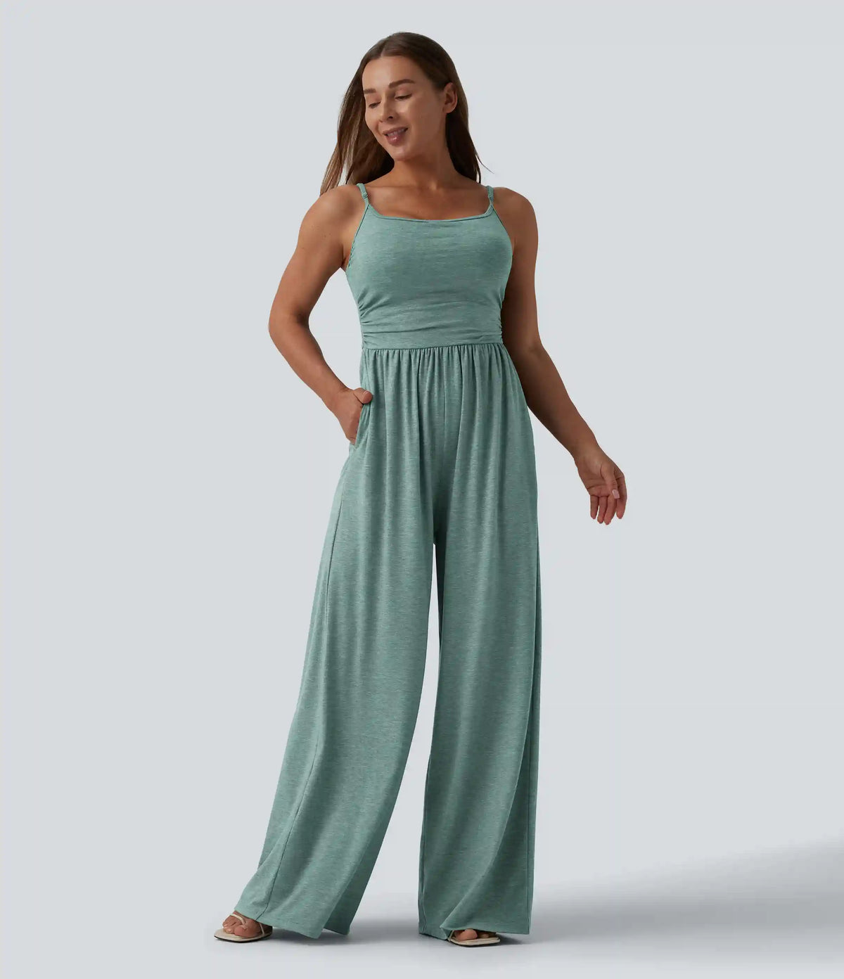Adjustable Straps Ruched Wide Leg Heathered Casual Jumpsuit with Pockets-Easy Peezy