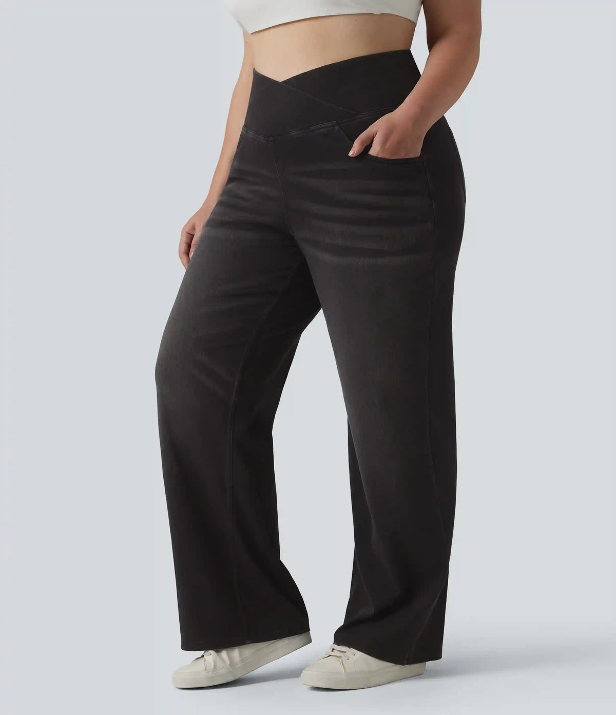 Halara Flex™ Crossover High Waisted Tummy Control Casual Straight Leg Plus Size Jeans with Pockets