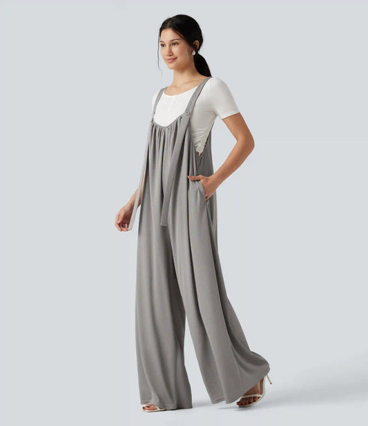 Adjustable Straps Waffle Casual Flowy Baggy Jumpsuit with Pockets